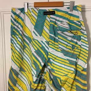 Oakley Men's Yellow and Green Striped Swim Shorts